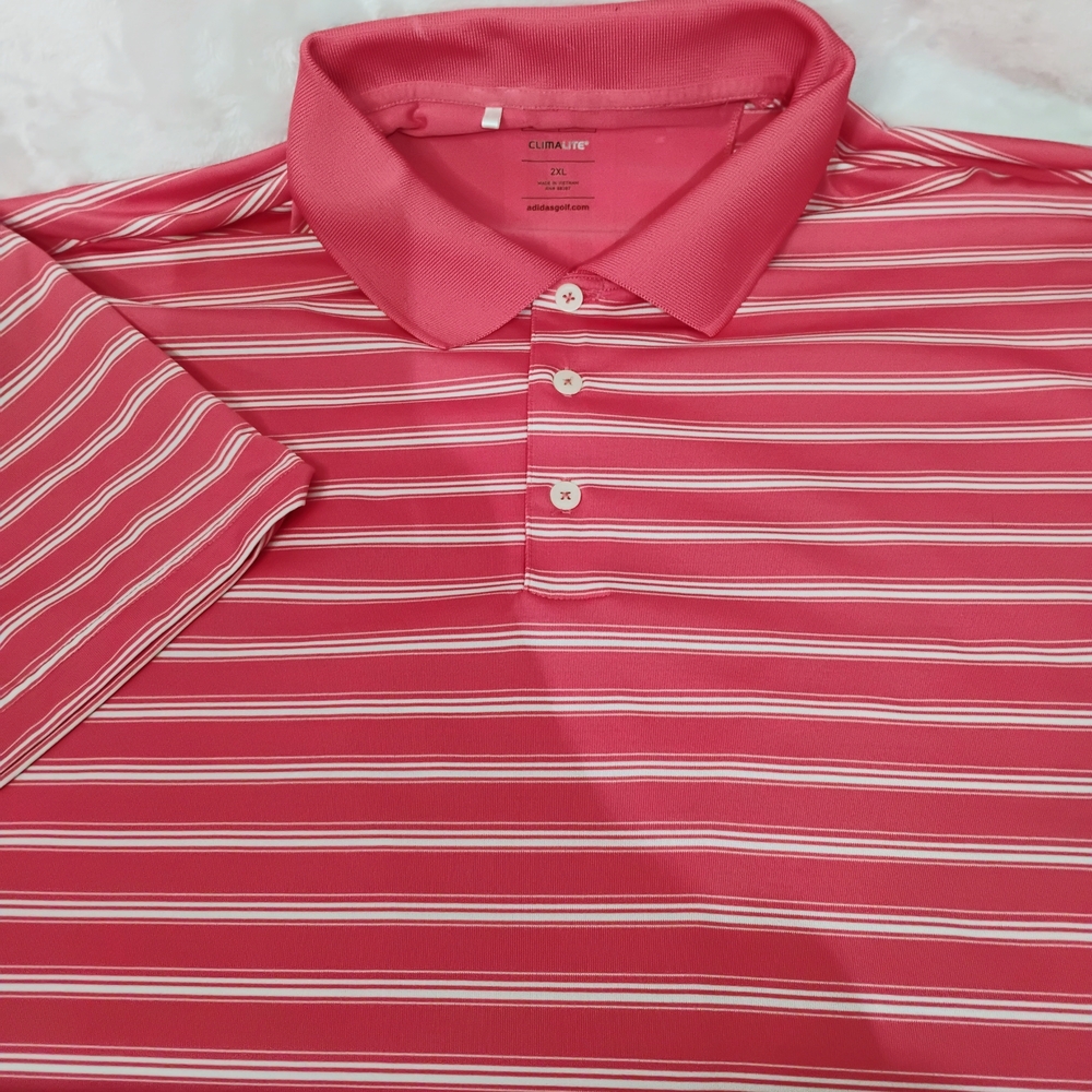 Adidas Golf Polo Shirt Mens 2XL Pink Striped Performance Athletic Lightweight O